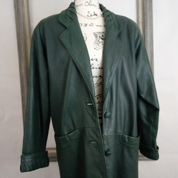 Vintage Jackets & Blazers - 90s Vintage Hunter Green Leather Duster Coat sm